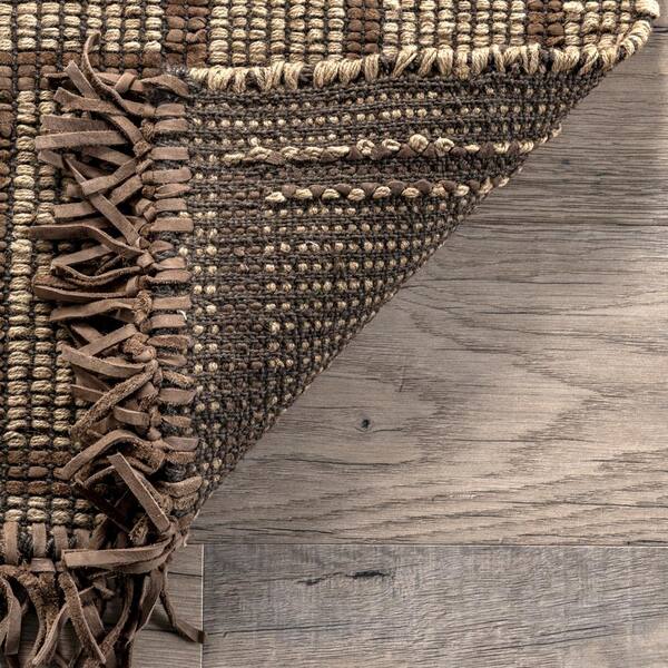 nuLOOM Livy Handmade Jute and Leather Tribal Fringe Natural 8 ft. x 10 ft. Area Rug