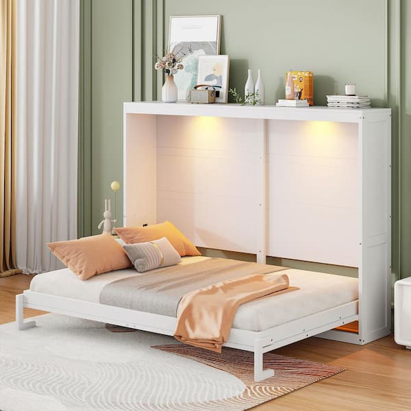 White Wood Frame Queen Size Murphy Bed with LED Lights