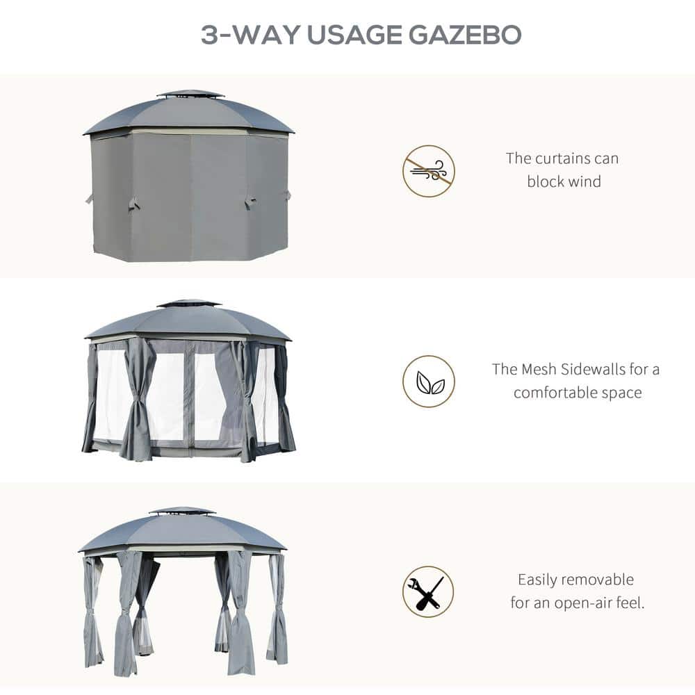 12' x 12' Gray Steel Patio Gazebo with Netting and Curtains