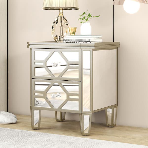 Harper & Bright Designs Elegant Silver Mirrored 2-Drawer 19.7 in. W Nightstand with Golden Lines, 2 Crystal-Shape Handles