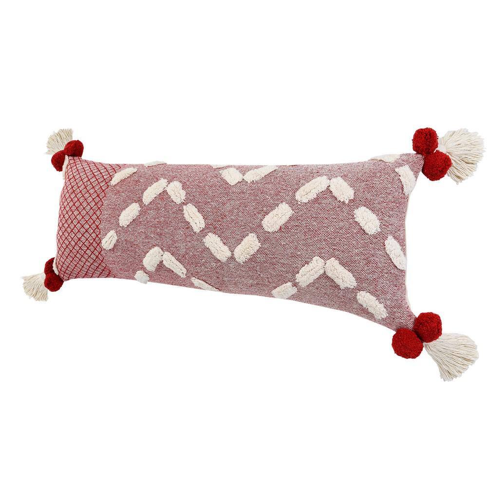 Heute Red and Cream Bohemian Lumbar Pillow with Pom-Poms