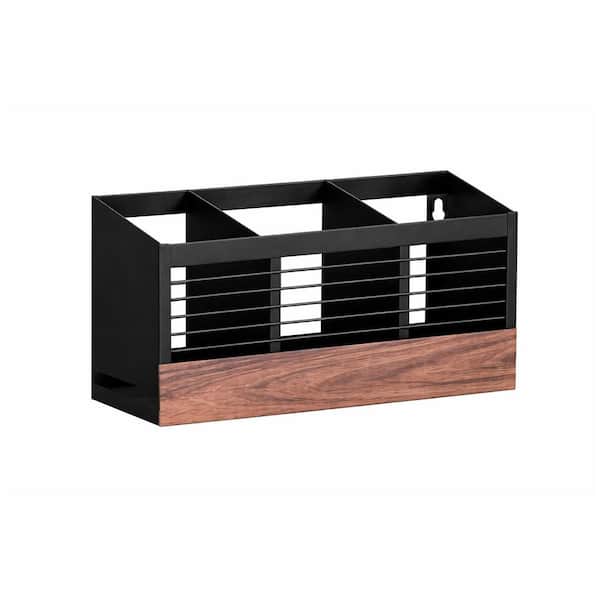 Matte Black Iron Utensil Holder with Diatomaceous Earth Base, Angled Opening, Wall Mount, Wooden Pattern Print