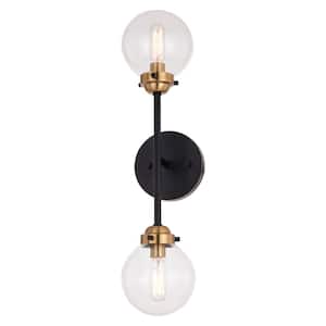 Orbit 2-Light Brass and Oil Rubbed Bronze Wall Sconce Industrial MCM Clear Glass Globe