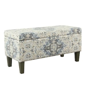36 in. Blue and Cream Backless Bedroom Bench with Hinged Storage
