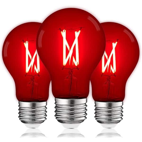 60-Watt Equivalent A19 Edison LED Red Light Bulb, 4.5-Watt, Colored Glass Filament, UL, E26 Base Indoor Outdoor (3-Pack)