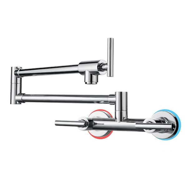 Wall Mounted Brass Pot Filler Folding Faucet with Double Joint Swing Arms and Hot Cold Water in Polished Chrome