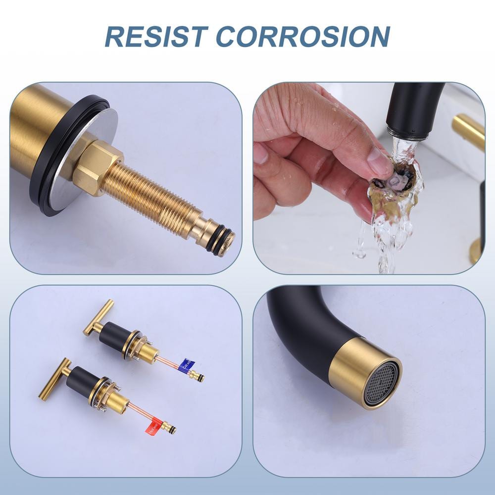 8-Inch Widespread Black and Gold Stainless Steel Bathroom Faucet