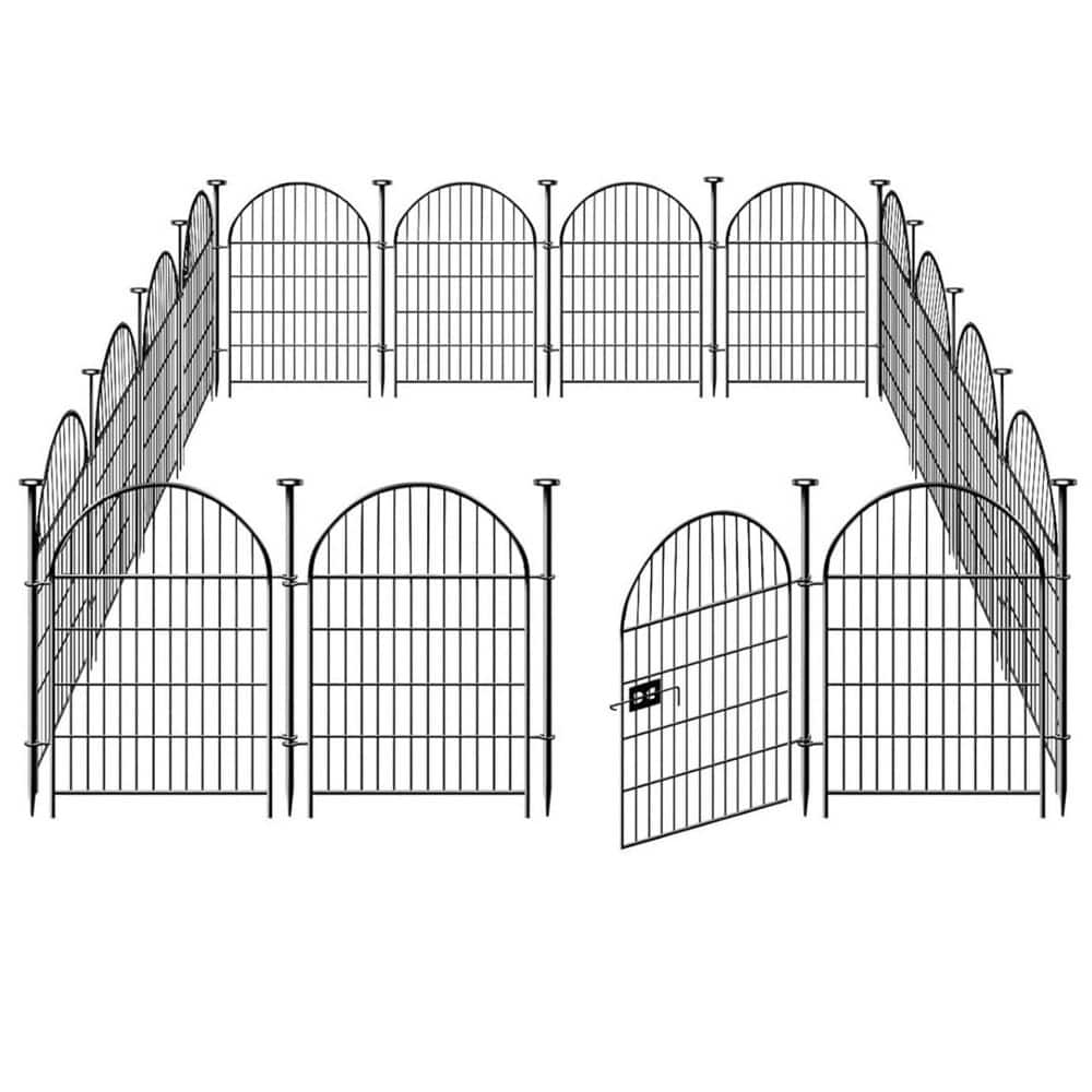 32 in. Metal Outdoor Garden Fence Animal Barrier with Gate in Black (16 Pan