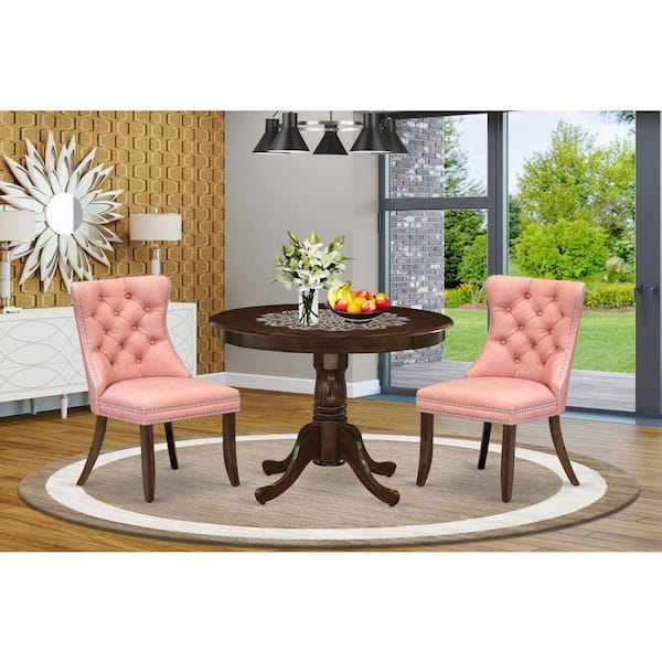 East West Furniture 3-Piece Antique Walnut Finish Solid Wood Top - Round Upholstered Dining Room Set - (Seats-4)