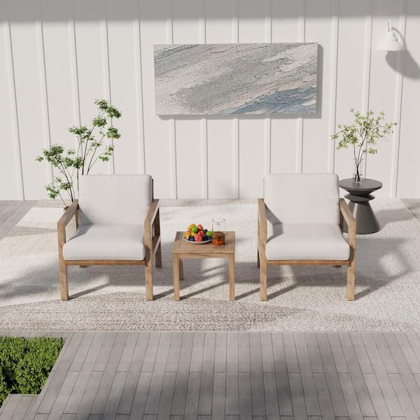 EGEIROSLIFE 3-Piece Wood-Grain Aluminum Outdoor Patio Conversation Set with Rattan Chair Back and Light Gray Cushions