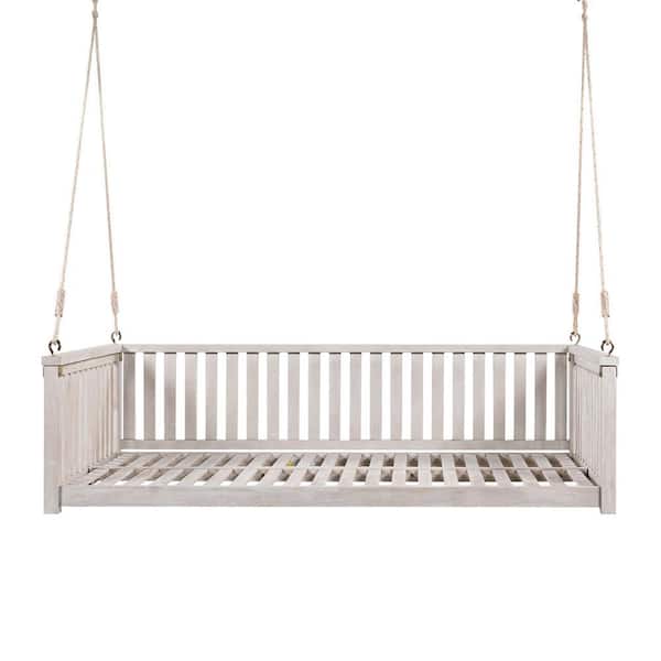 ITOPFOX 2-Person Acacia Wood Twin Size Garden Swing Bed, Porch Swing with Ropes, Safe Sloped Design, High Weight Capacity, White