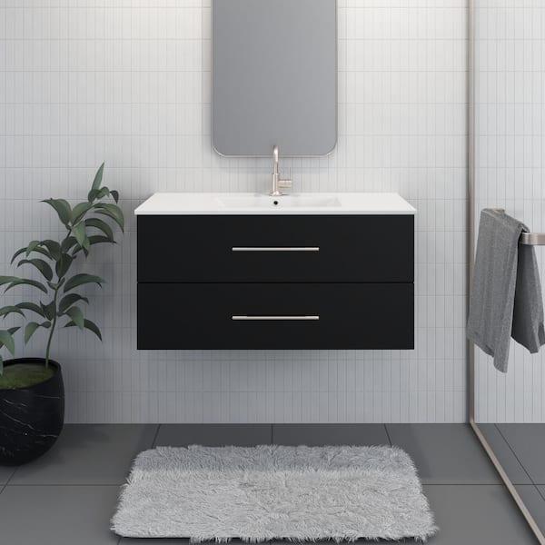 VOLPA USA AMERICAN CRAFTED VANITIES Napa 40 in. W. x 18 in. D Single Sink Bathroom Vanity Wall Mounted in Glossy Black with Ceramic Integrated Countertop