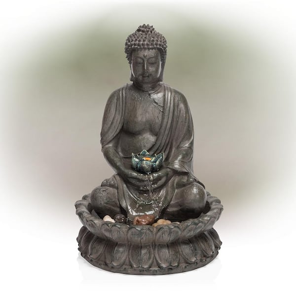 Alpine Corporation 19 in. Tall Indoor/Outdoor Tabletop Meditating Buddha with Lotus Flower Fountain with LED Light