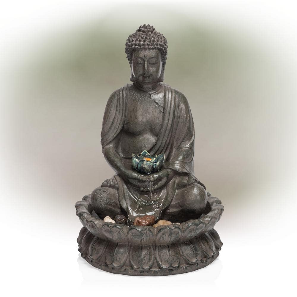 19 in. Tall Indoor/Outdoor Tabletop Meditating Buddha with Lotus Flower Fou