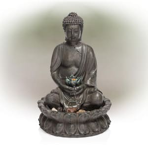 19 in. Tall Indoor/Outdoor Tabletop Meditating Buddha with Lotus Flower Fountain with LED Light