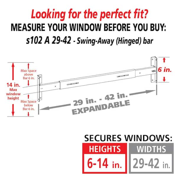Swing-away 29 in. to 42 in. Adjustable Width 1-Bar Window Guard, White