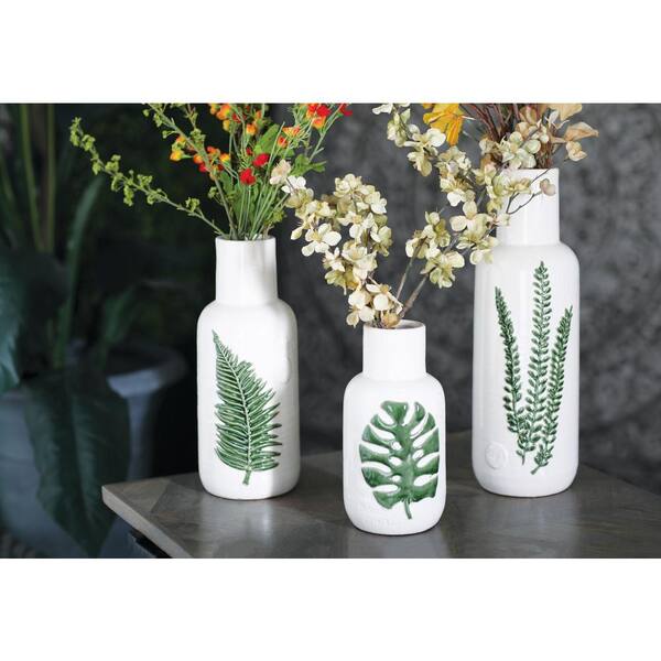 Litton Lane 10 in., 12 in., 15 in. White Leaf Ceramic Decorative Vase (Set of 3)