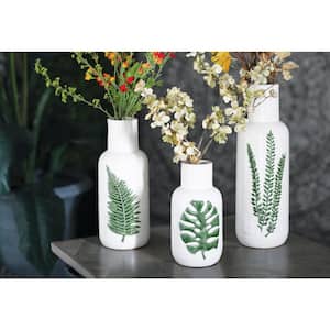 10 in., 12 in., 15 in. White Leaf Ceramic Decorative Vase (Set of 3)