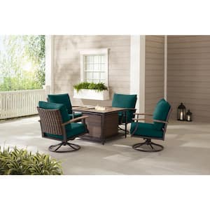 Fiddler's Creek 5-Piece Brown Metal Outdoor Patio Fire Pit Seating Set with CushionGuard Malachite Green Cushions