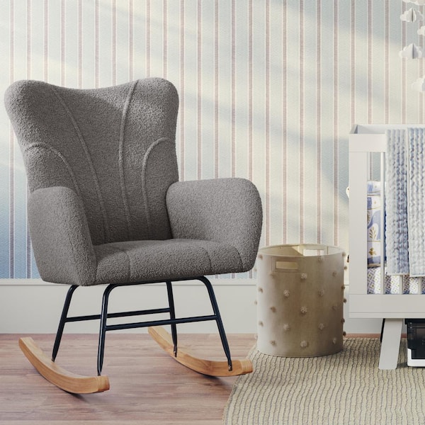 Lavish Home 37 in. Teddy Fabric Upholstered Rocking Chair with Padded Seat and Contoured Armrests, Ergonomic Modern Rocker, Gray