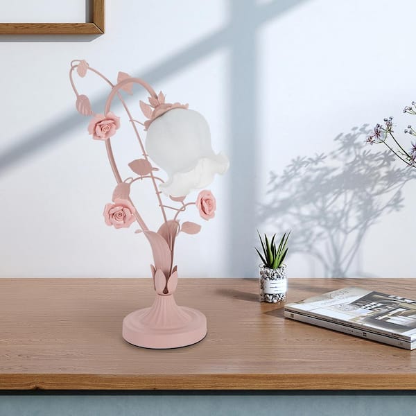 OUKANING 16.92 in. Pink Retro Rose Glass Task and Reading Desk Lamp with  White Flower Glass Shade, No Bulbs Included JZUCMX6YUSHCX - The Home Depot
