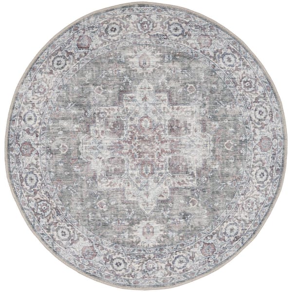 Unbranded Machine Washable Series 1 Ivory Grey 5 ft. x 5 ft. Distressed Traditional Round Area Rug
