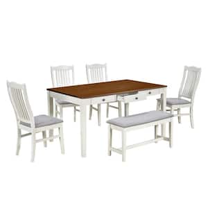 Mid-Century 6-Piece Wood Dining Table Set Kitchen Table Set with MDF Top, Drawer, Upholstered Chairs and Bench