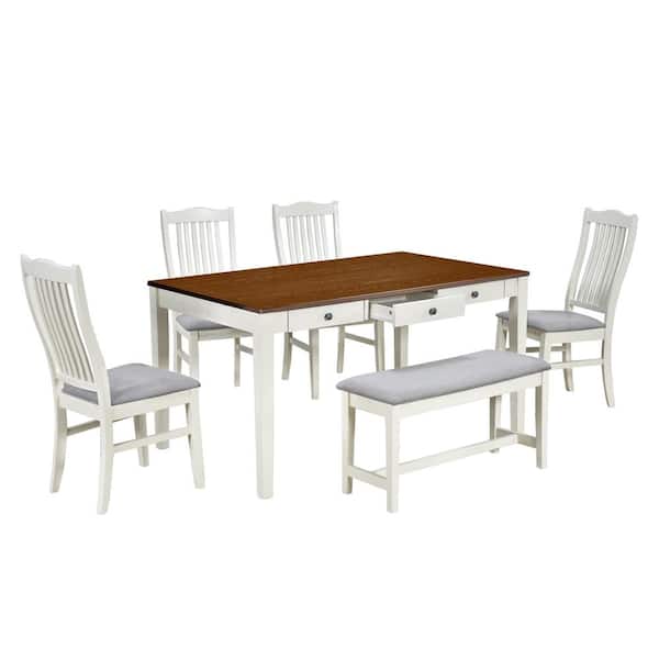 Clihome Mid-Century 6-Piece Wood Dining Table Set Kitchen Table Set with MDF Top, Drawer, Upholstered Chairs and Bench
