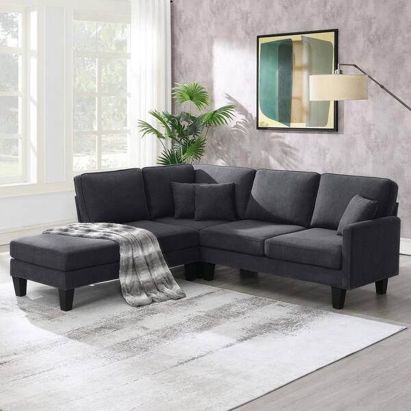 sumyeg 90 in. L-Shaped Convertible Polyester Sectional Sofa in Grey with Chaise Lounge and 3-Pillows