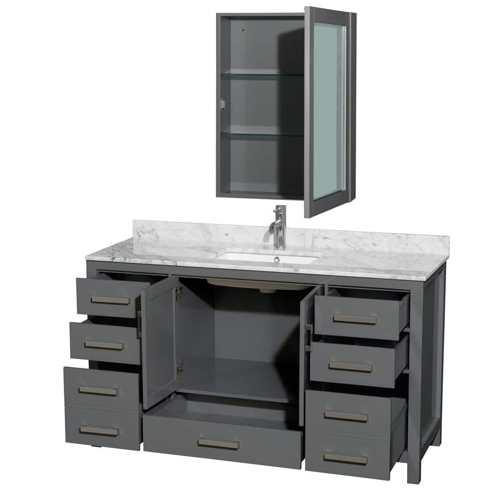 Sheffield 60-Inch Dark Gray Bathroom Vanity with White Carrara Marble Top and Mirror
