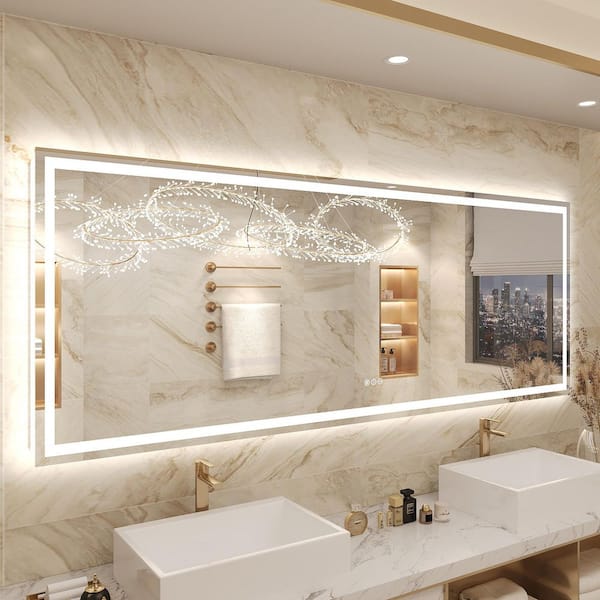 KIOTEE 84 in. W x 32 in. H Rectangular Frameless Front & Back Lighted Anti-Fog Wall Bathroom Vanity Mirror, Tempered Glass, ETL