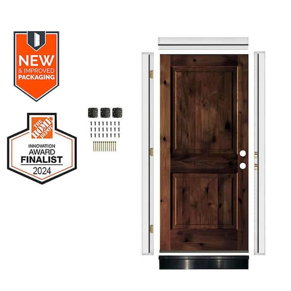 Krosswood Doors DIY 32 in. x 80 in. Knotty Alder Square Top Left-Hand Red Mahogany Stain Wood Front Door Kit w/ Quick Assemble Jamb