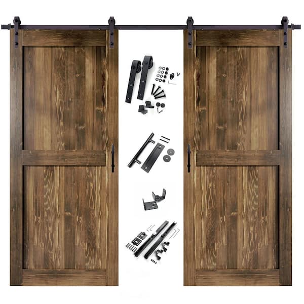 HOMACER 60 in. x 84 in. H-Frame Walnut Double Pine Wood Interior Sliding Barn Door with Hardware Kit, Non-Bypass