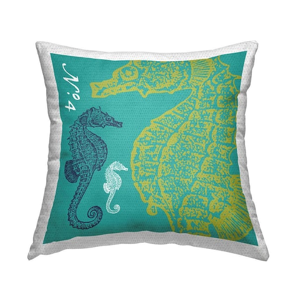 Teal Seahorses Aquatic Pattern Green Square Outdoor Throw Pillow