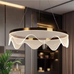 Modern Plated Brass Circle Integrated LED Chandelier with Clear Acrylic Shade 24-Watt 1-Light Dining Hanging Pendant