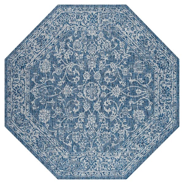 Tela Bohemian Textured Weave Floral Navy/Gray 8 ft. Octagon Indoor/Outdoor Area Rug