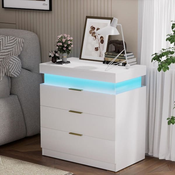 28.8 in. White Rectangle Particle Board End Table, Nightstand, Bedside Table with Charging Station and LED Lights
