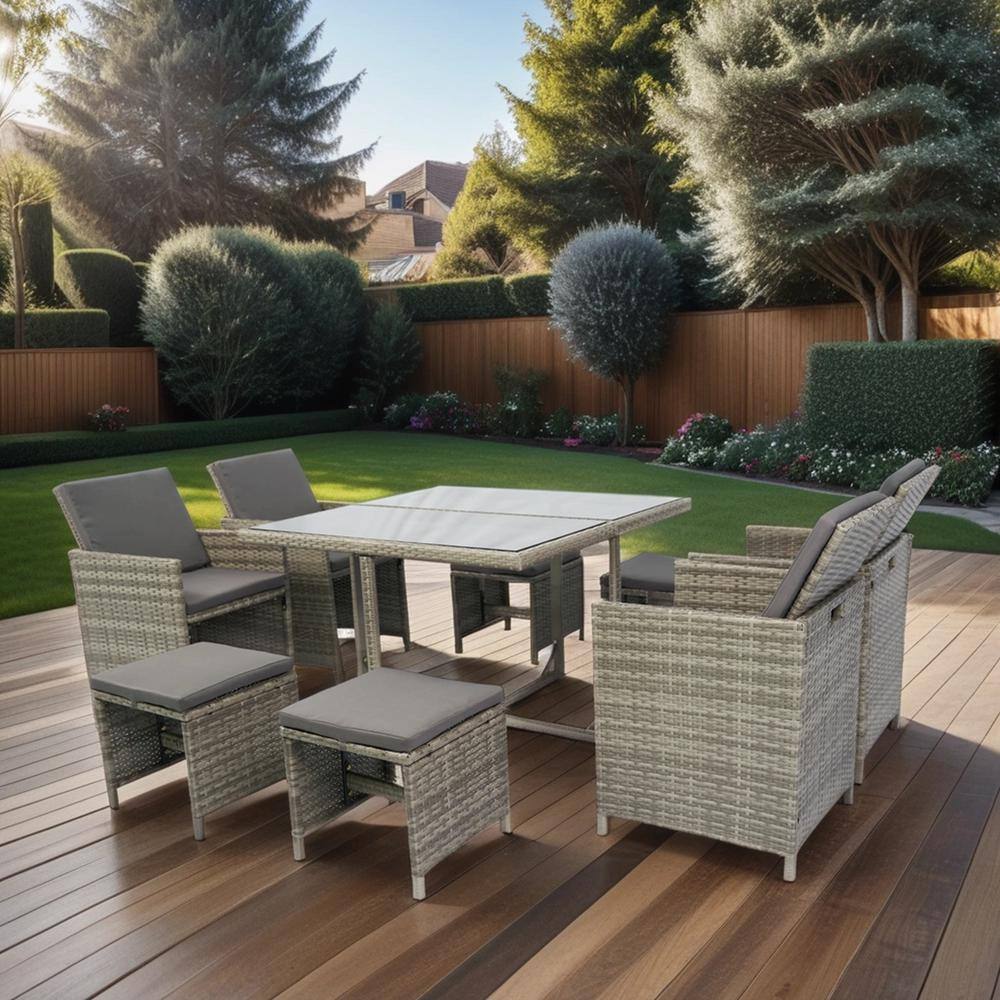 9-Piece Hot Sale Wicker Outdoor Dining Set with Glass Table, Gray Cushion f