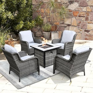 Erie Lake Gray 5-Piece Wicker Outdoor Patio Fire Pit Seating Sofa Set and with Gray Cushions