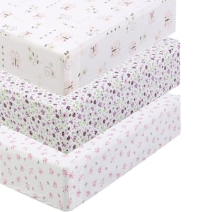 3-Piece Pink Purple Cotton Butterfly Floral Blossoms Crib/Toddler Fitted Sheets