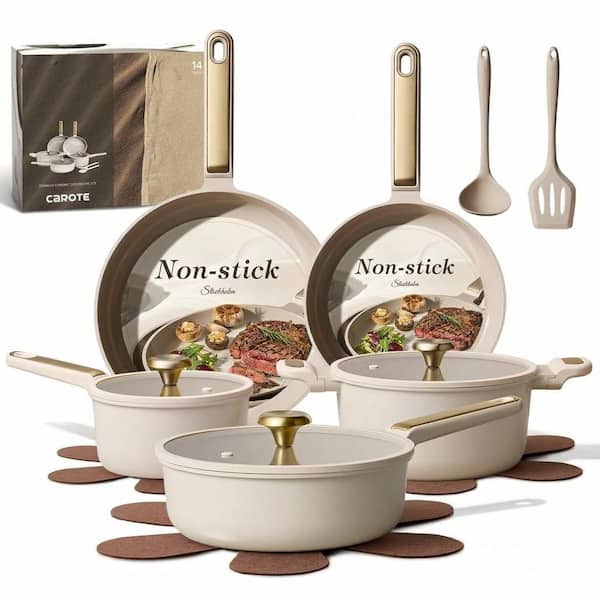 14-Piece Aluminum Nonstick Cookware Set in Light Taupe, Non-Toxic, PFAS-Free, Includes Pots with Lids