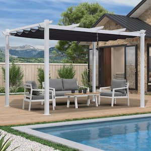 10 ft. x 13 ft. Navy Blue Aluminum Outdoor Retractable Pergola with Sun Shade Canopy Cover White Patio Shelter