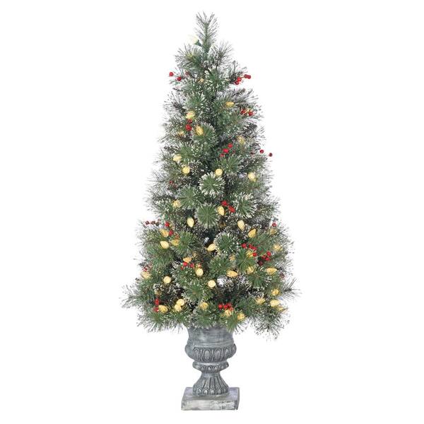 Sterling 4 ft. Pre-Lit LED Potted Alaskan Fir Artificial Christmas Tree with Frosted Hard Needles and Berries