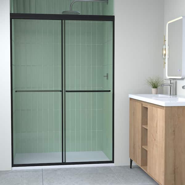 KeepTech Semi-Frameless Shower Door 50-54 in. W x 70 in. H, 1/4 in. Tempered Glass Matte Black Dual Slide w/Towel Bar L/R Install