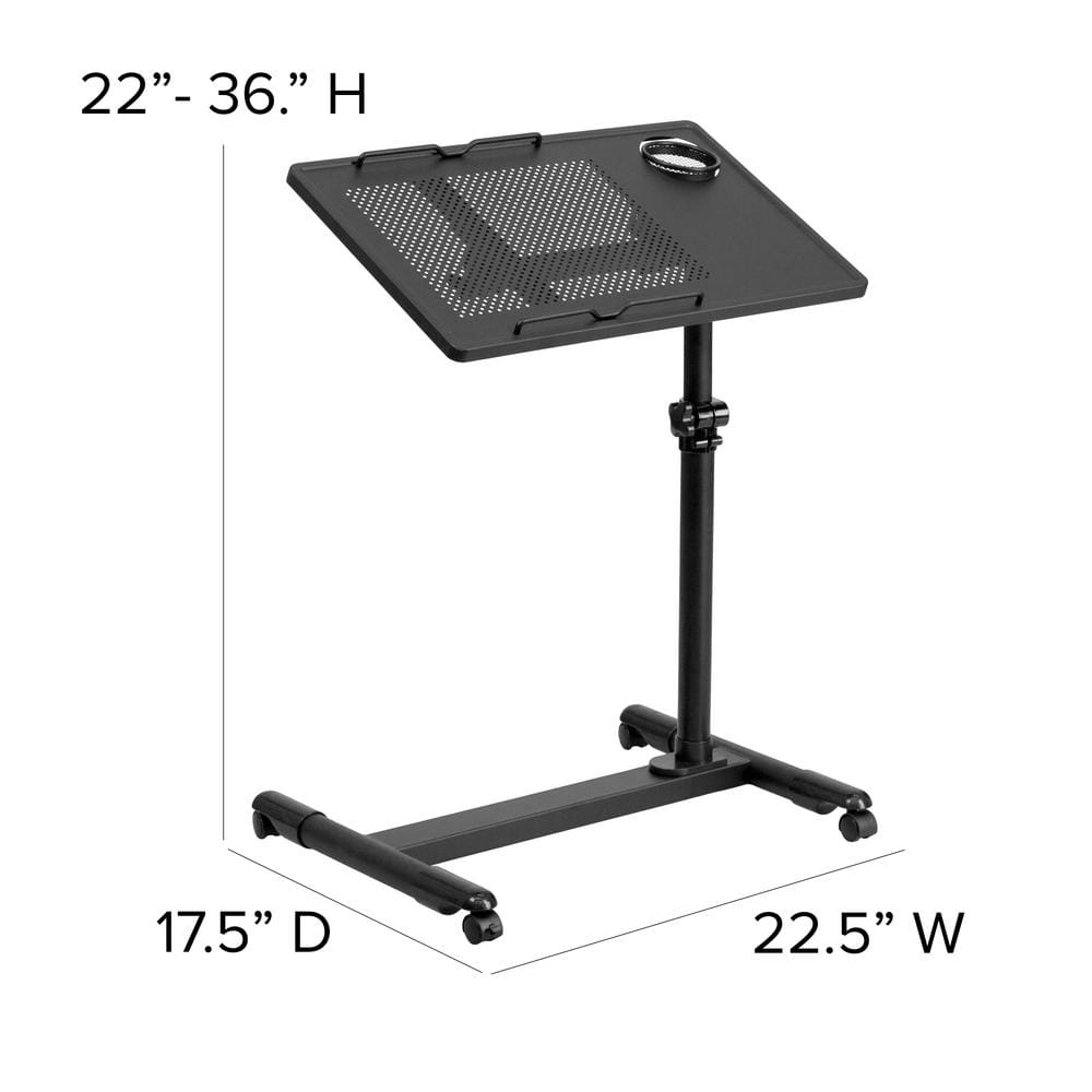 Black Adjustable Height Steel Mobile Laptop Cart with Cup Holder