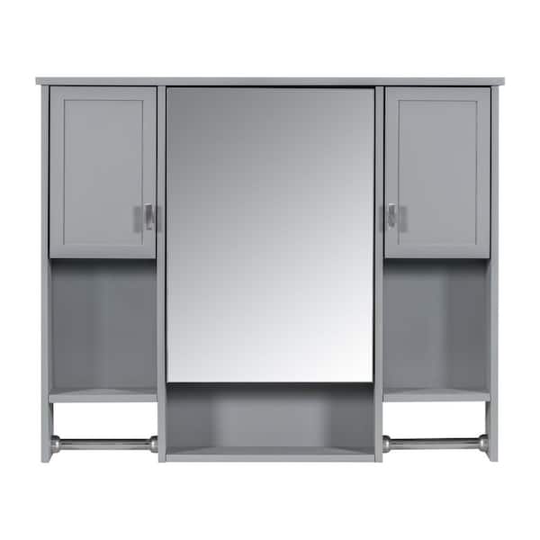 35 in. W x 28.7 in. H Rectangular MDF Medicine Cabinet with Mirror, Bathroom Wall Cabinet w/ Mirror and Towels Bar, Grey