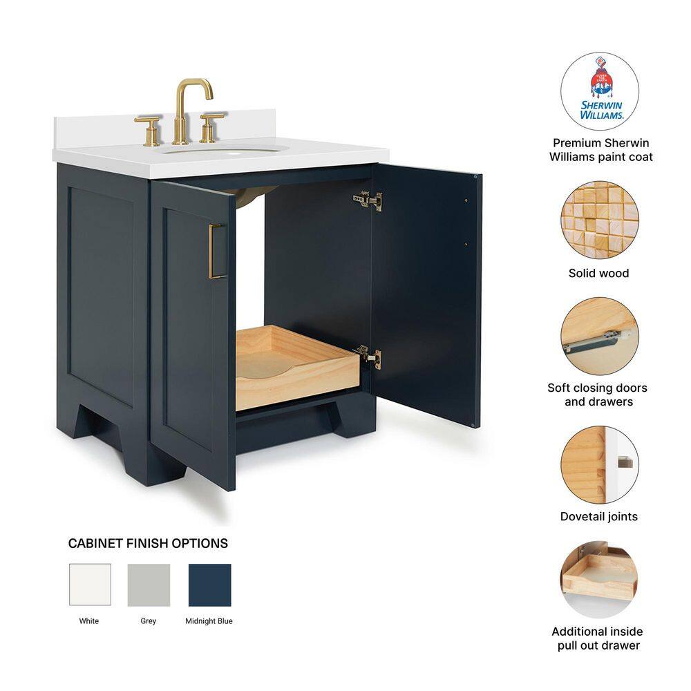 Midnight Blue 31" Bathroom Vanity with White Quartz Top