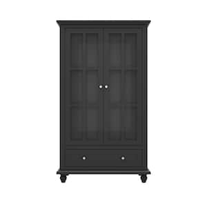 55.1 in. Tall Black Wooden Standard Bookcase with Tempered Glass Doors, 3-Tier Shelves and Drawer