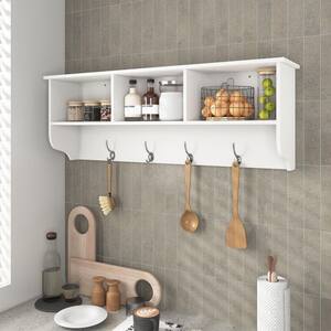 Wall Mounted Shelf with 4 Dual Hooks, Wooden Storage Rack for Kitchen, Living Room, Bathroom in White