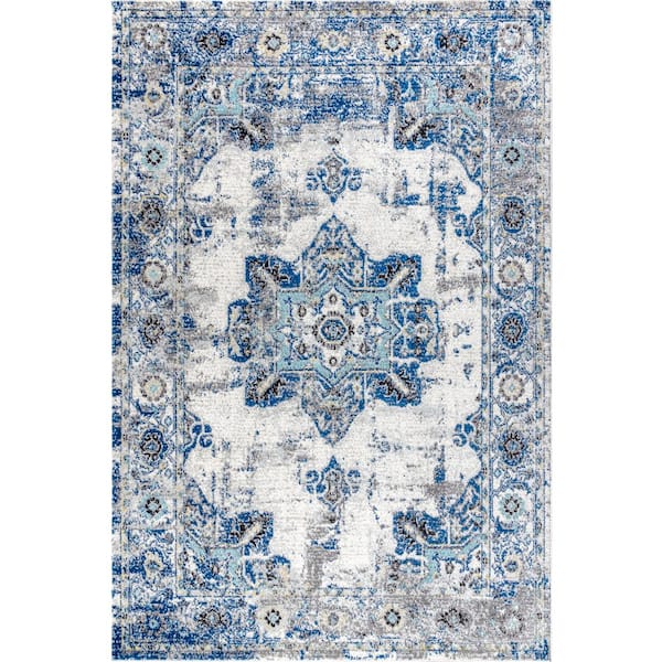 Modern Persian Boho Vintage Medallion Cream/Blue 5 ft. x 8 ft. Area Rug